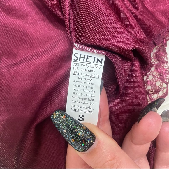 SHEIN | Satin Lace & Bows Babydoll Slip & G String Lingerie Maroon - Picture 8 of 14